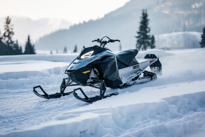 All-electric mountain snowmobile on snowy terrain