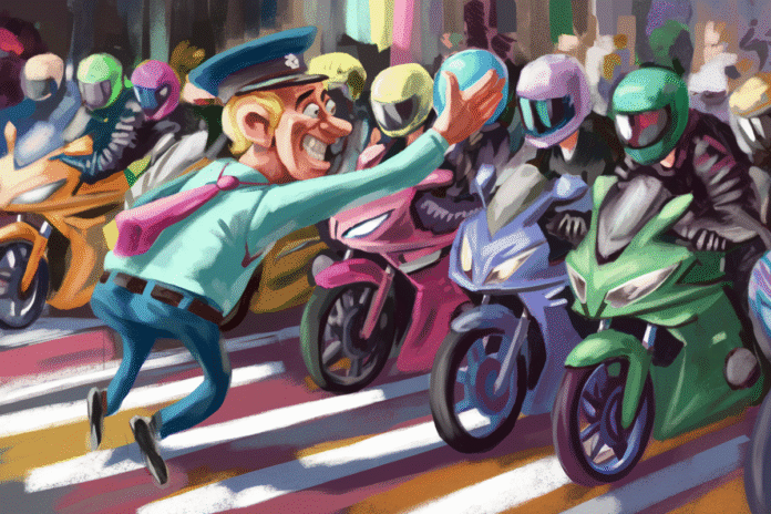 Motorcyclists Congest Intersection as Crossing Guard Playfully Taps Them on the Head