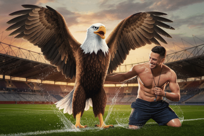 Famous Ogc Nice Eagle Mascot and Trainer Soaked by Sprinkler During Unforgettable